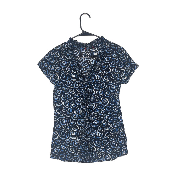 Retro Womens Blouse Blue Geometric Y2K Funky Abstract Ruffle V Neck Size S - Picture 1 of 5